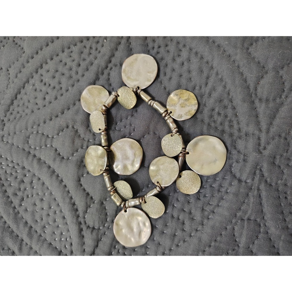Hammered Metal Disc Charm Stretch Bracelet Mixed Gold Silver Tone Boho Artisan